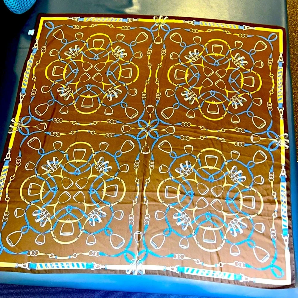 J. McLAUGHLIN Beautiful, extra large silky, equestrian print, brown & blue wrap.